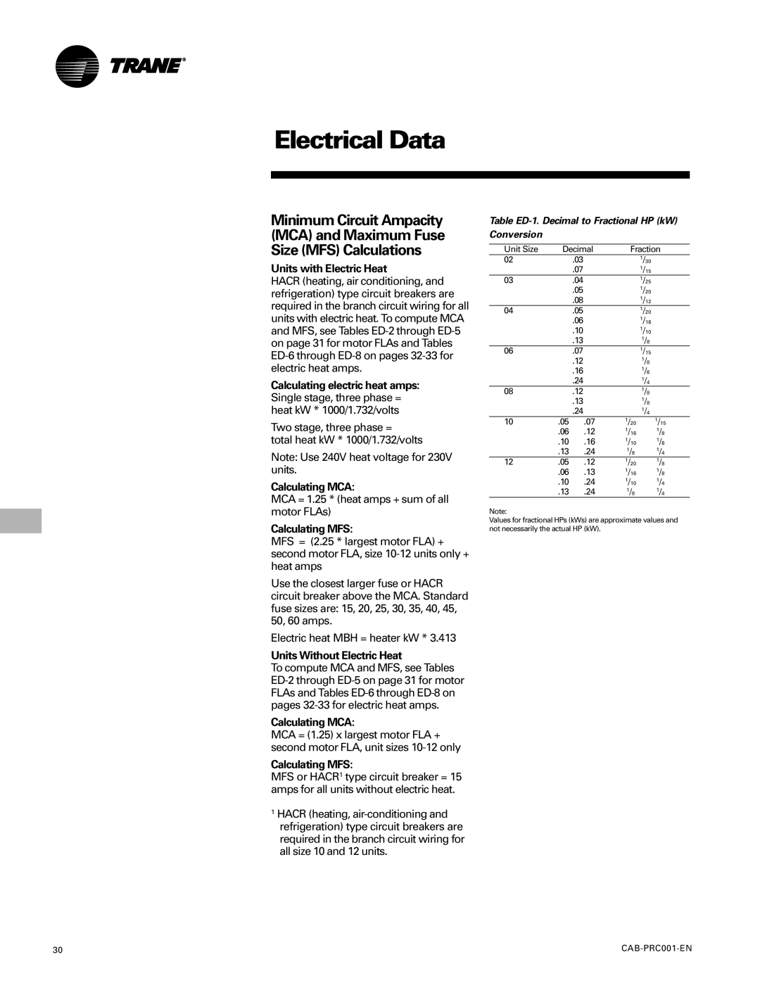 Trane CAB-PRC001-EN manual Electrical Data, Units with Electric Heat, Calculating MCA, Calculating MFS 