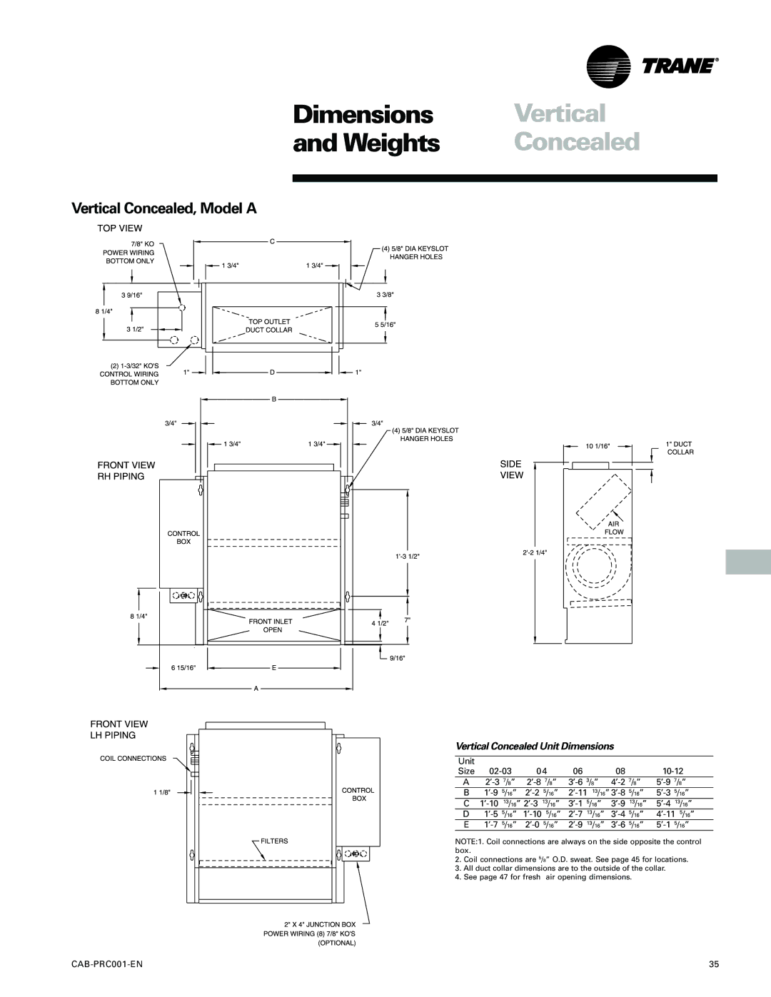 Trane CAB-PRC001-EN manual Vertical Concealed, Model a, Vertical Concealed Unit Dimensions 