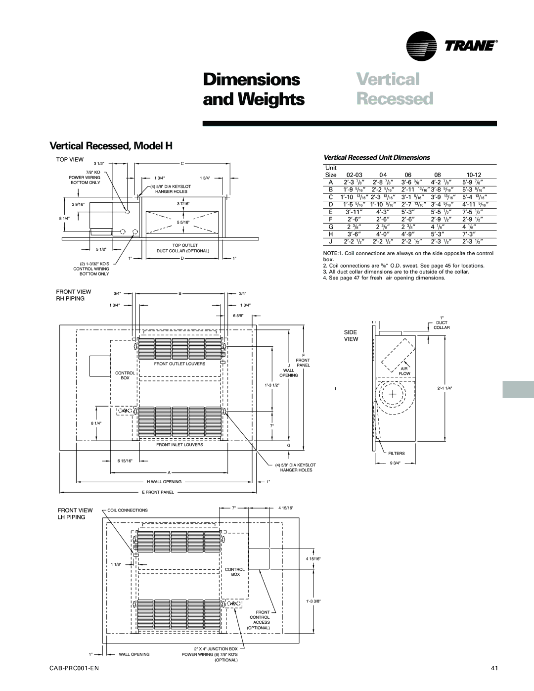 Trane CAB-PRC001-EN manual Vertical Recessed, Model H, Vertical Recessed Unit Dimensions 