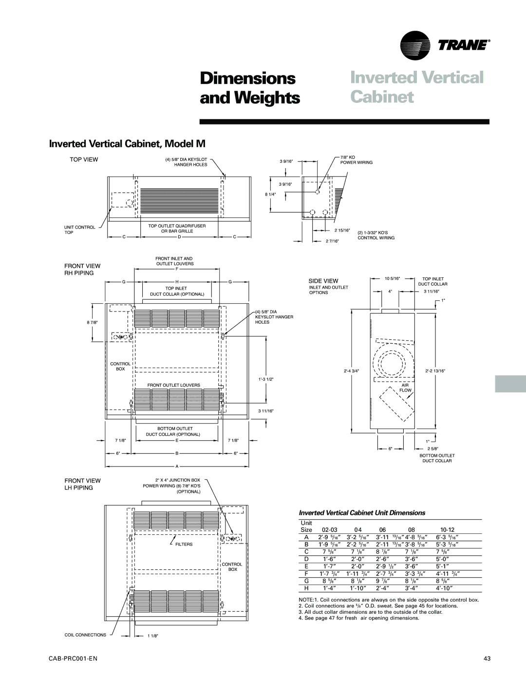 Trane CAB-PRC001-EN manual Inverted Vertical Cabinet, Model M, Inverted Vertical Cabinet Unit Dimensions 