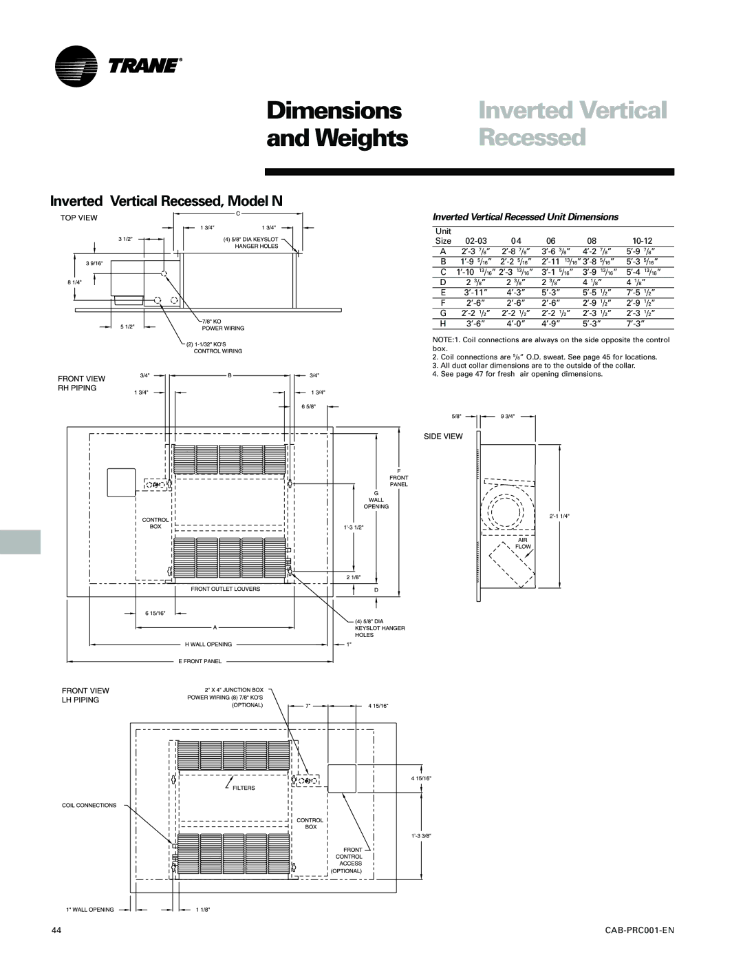 Trane CAB-PRC001-EN manual Inverted Vertical Recessed, Model N, Inverted Vertical Recessed Unit Dimensions 