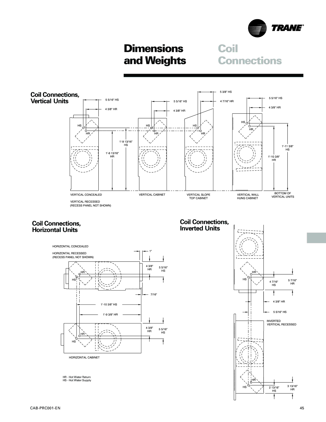 Trane CAB-PRC001-EN manual Coil Connections Vertical Units, Horizontal Units Inverted Units 