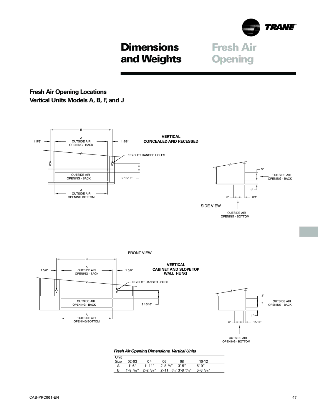 Trane CAB-PRC001-EN manual Fresh Air Opening Dimensions, Vertical Units 