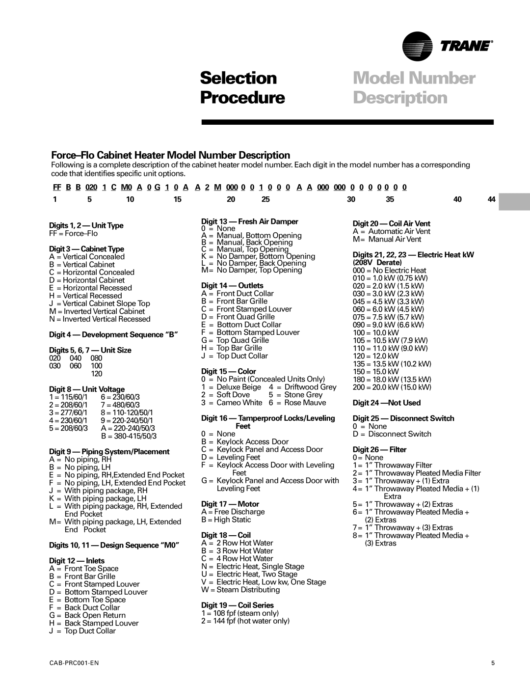 Trane CAB-PRC001-EN manual Selection, Procedure, Force-Flo Cabinet Heater Model Number Description 