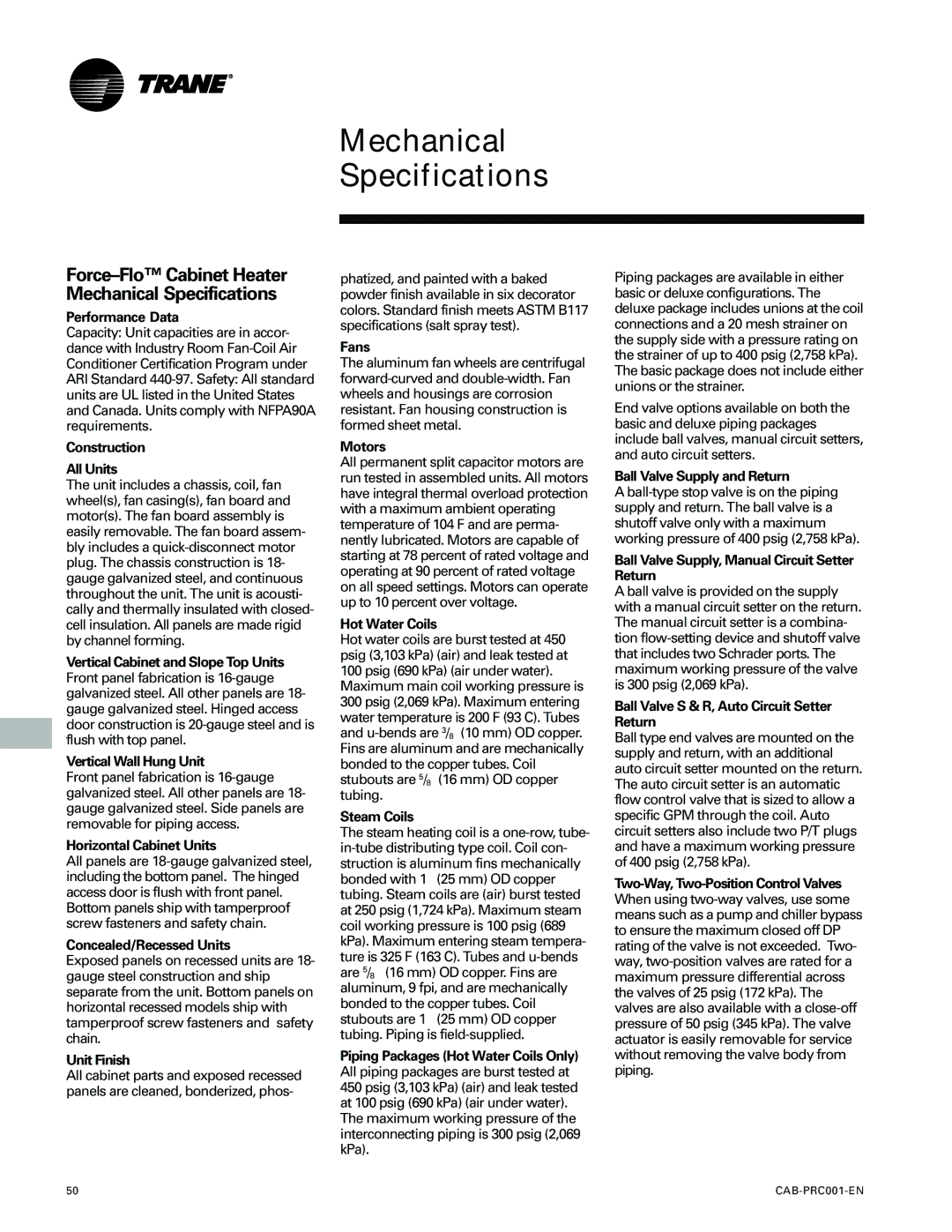 Trane CAB-PRC001-EN manual Mechanical Specifications 