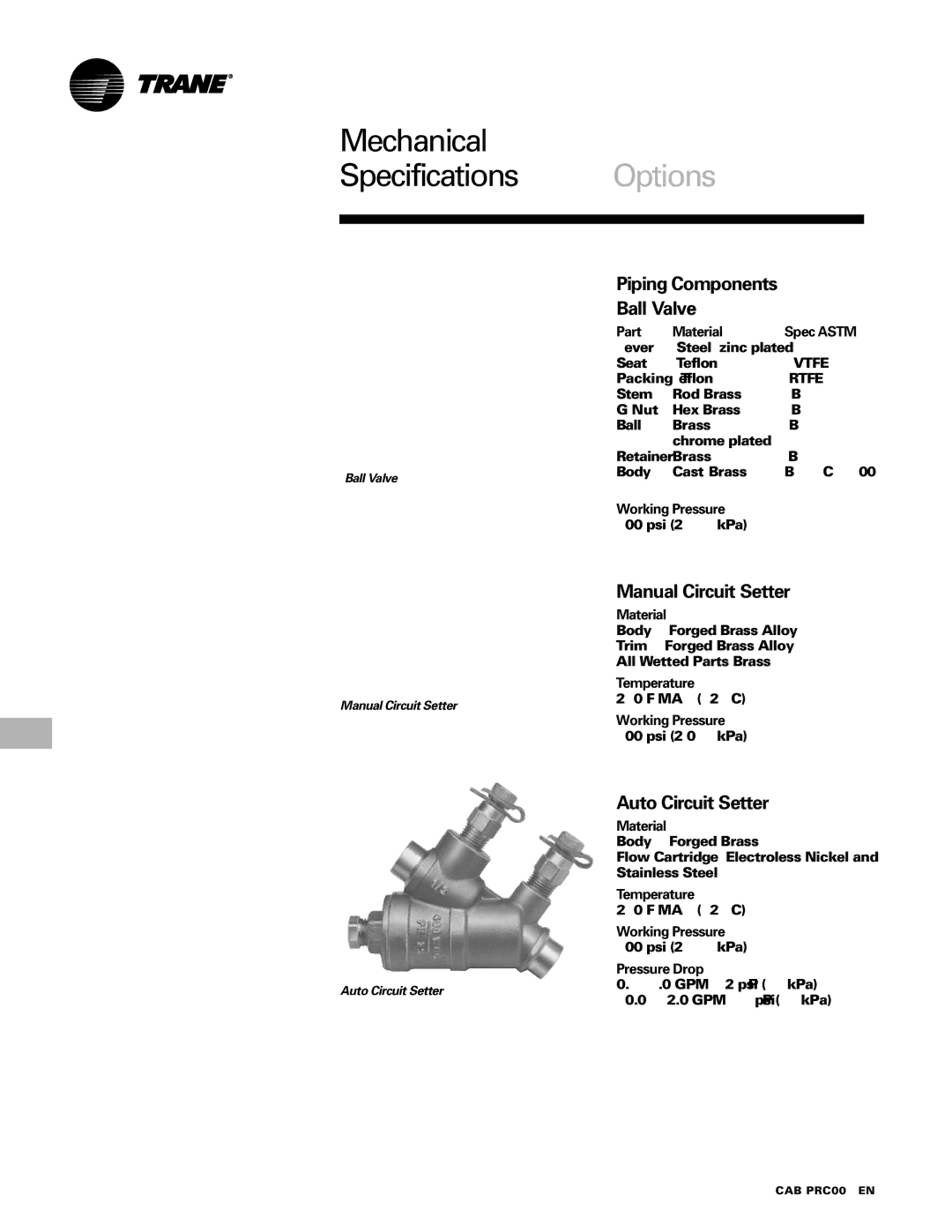 Trane CAB-PRC001-EN manual Piping Components Ball Valve, Manual Circuit Setter, Auto Circuit Setter 