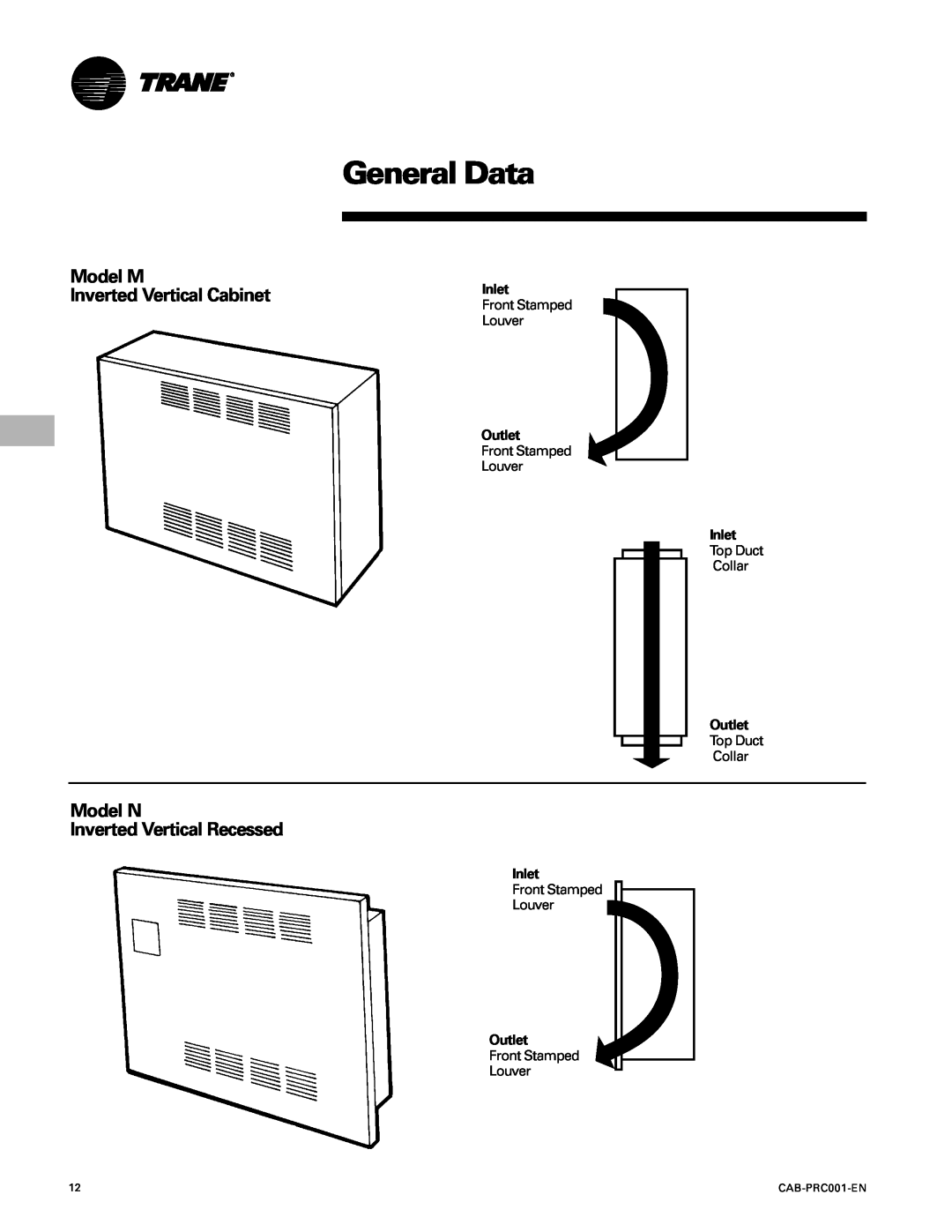 Trane CAB-PRC001-EN manual General Data, Model M Inverted Vertical Cabinet, Model N Inverted Vertical Recessed 