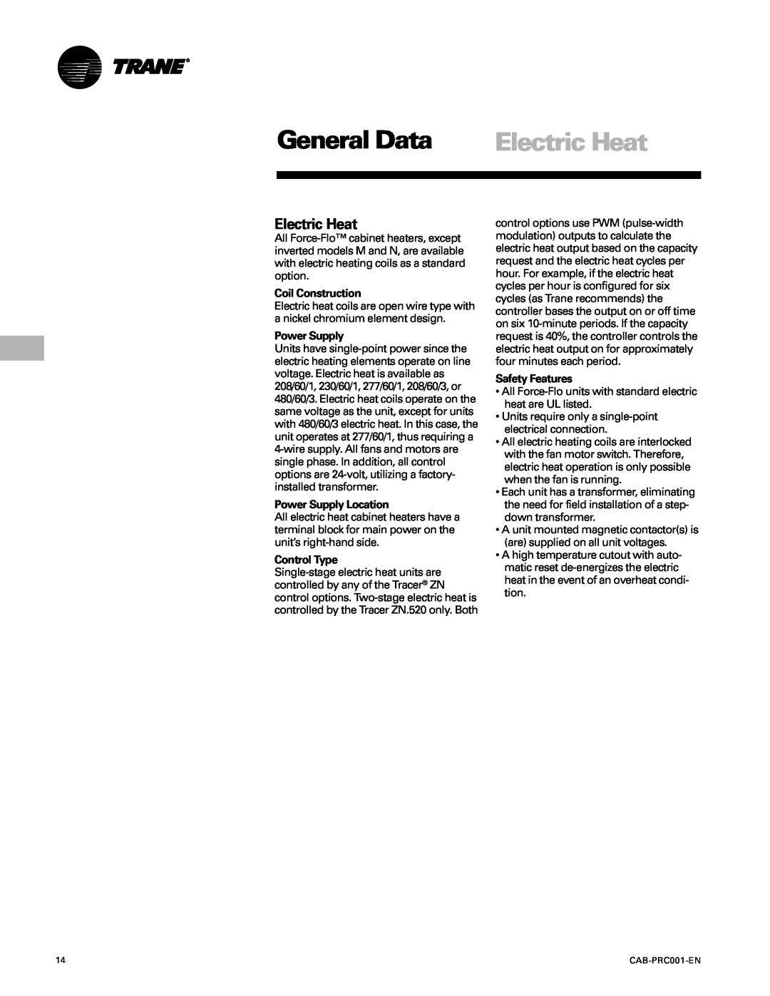 Trane CAB-PRC001-EN manual Electric Heat, General Data 