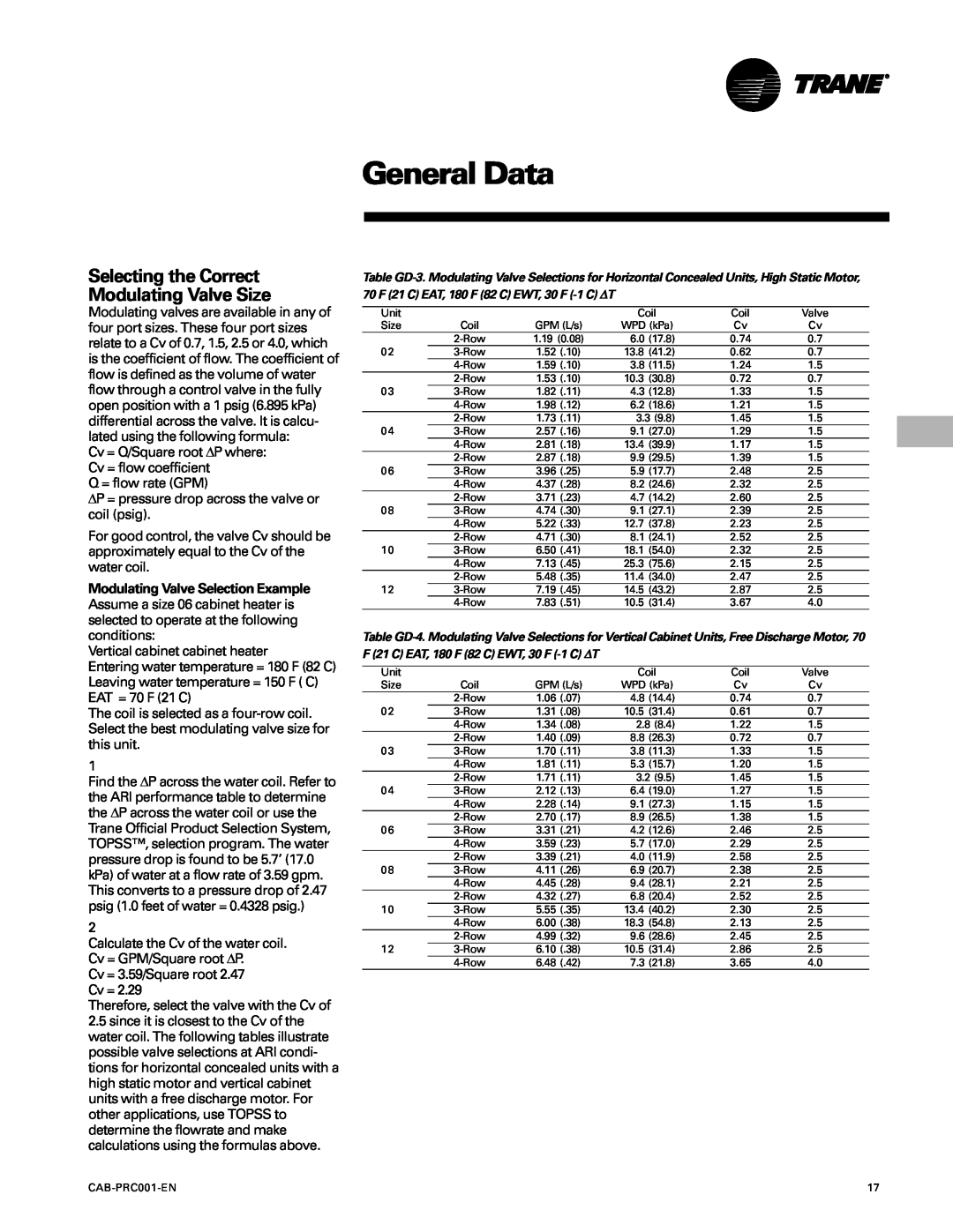 Trane CAB-PRC001-EN manual General Data, Selecting the Correct Modulating Valve Size 