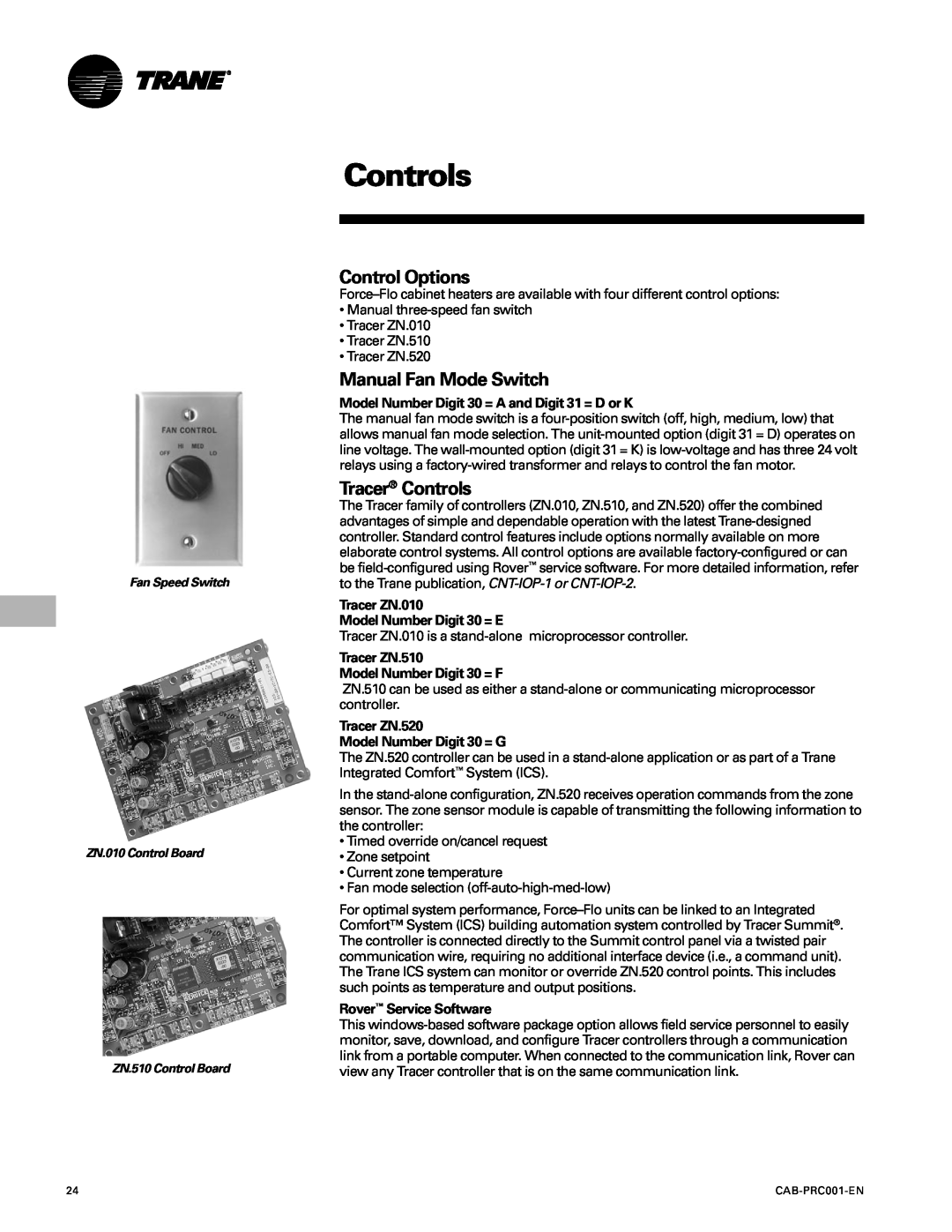 Trane CAB-PRC001-EN manual Control Options, Manual Fan Mode Switch, Tracer Controls 