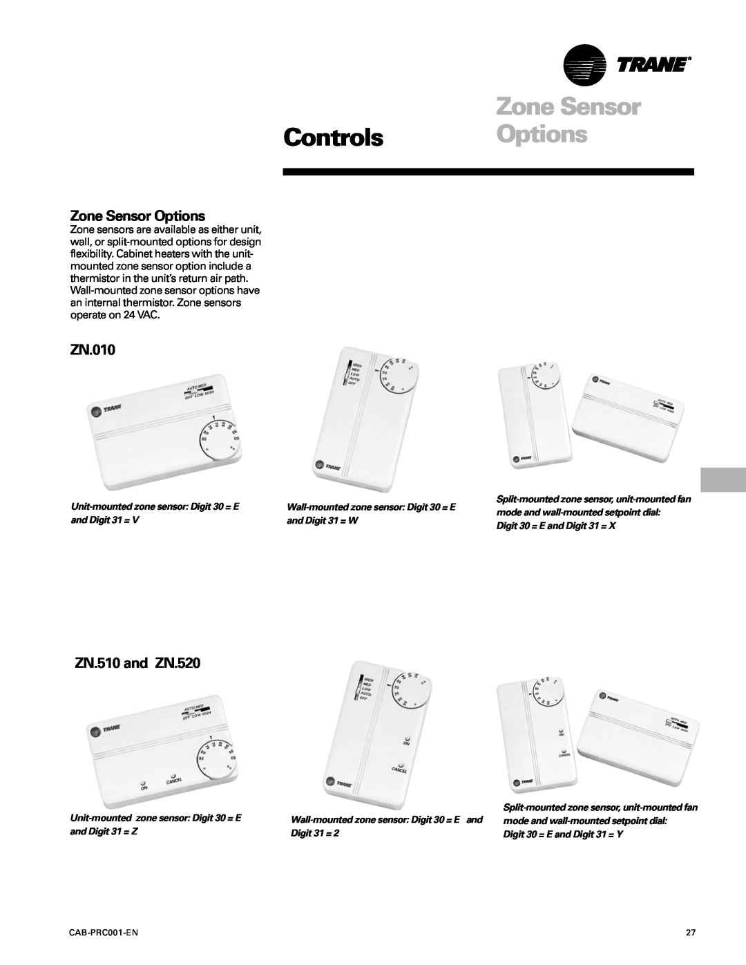 Trane CAB-PRC001-EN manual Controls Options, Zone Sensor Options, ZN.010, ZN.510 and ZN.520 