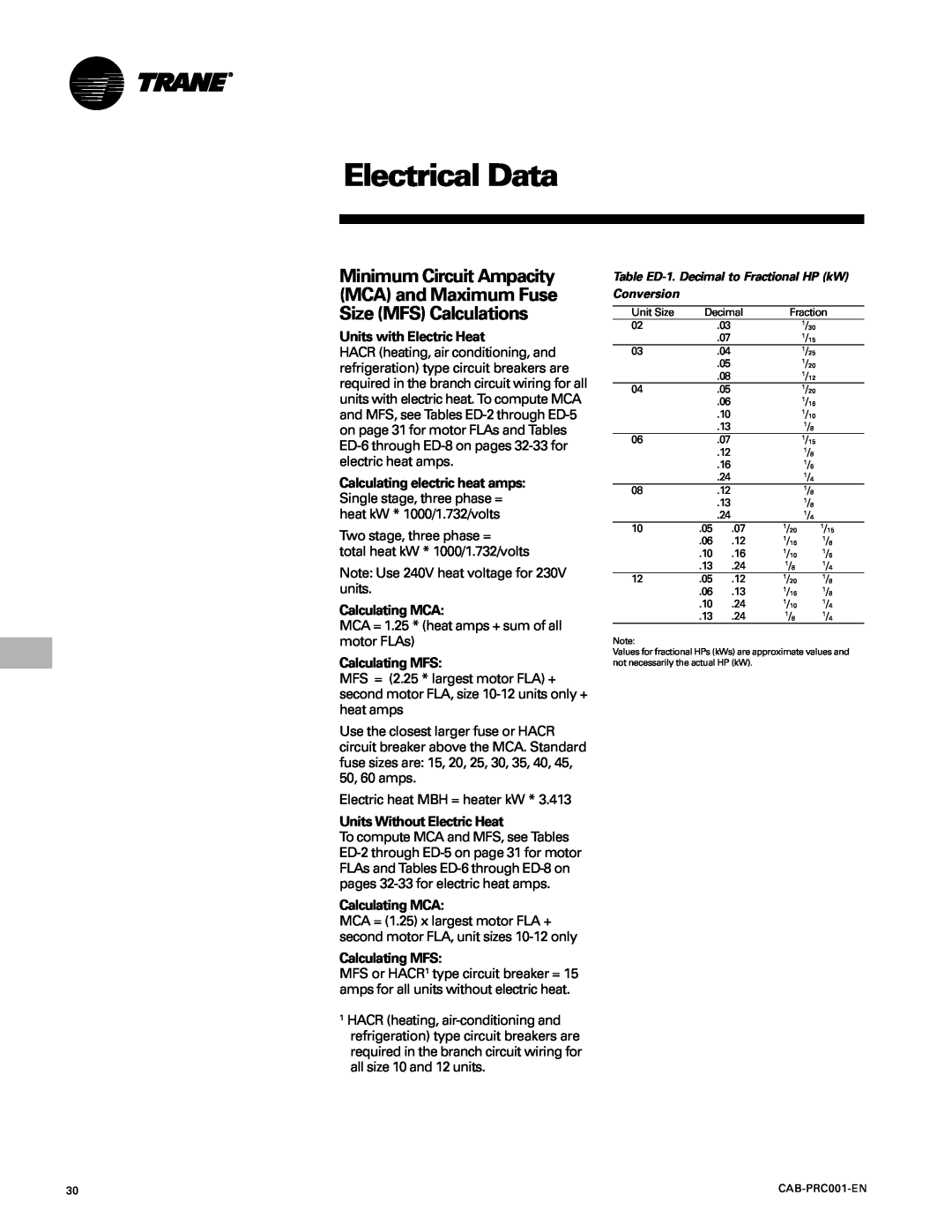 Trane CAB-PRC001-EN manual Electrical Data, Minimum Circuit Ampacity MCA and Maximum Fuse, Size MFS Calculations 