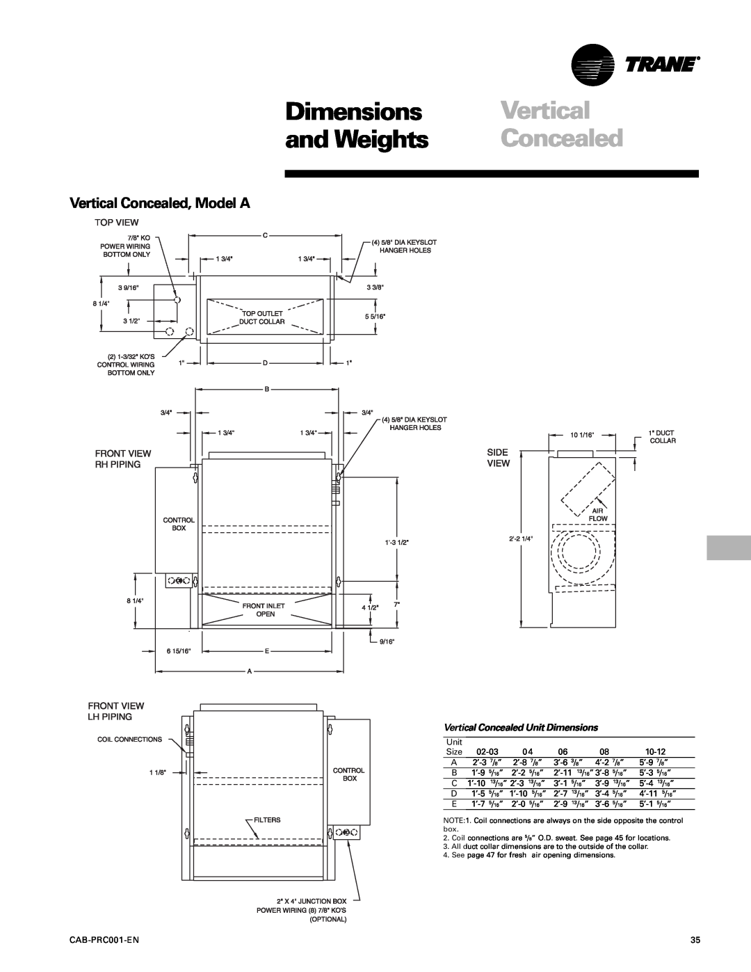 Trane CAB-PRC001-EN manual Dimensions, and Weights, Vertical Concealed, Model A 