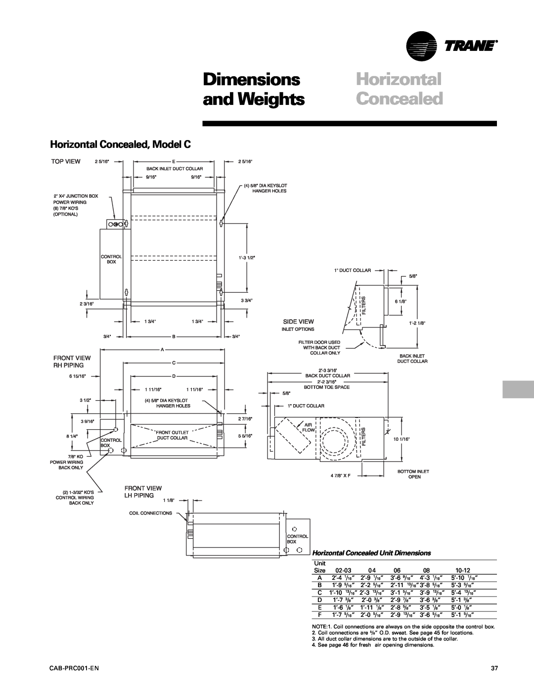 Trane CAB-PRC001-EN manual Dimensions, and Weights, Horizontal Concealed, Model C 