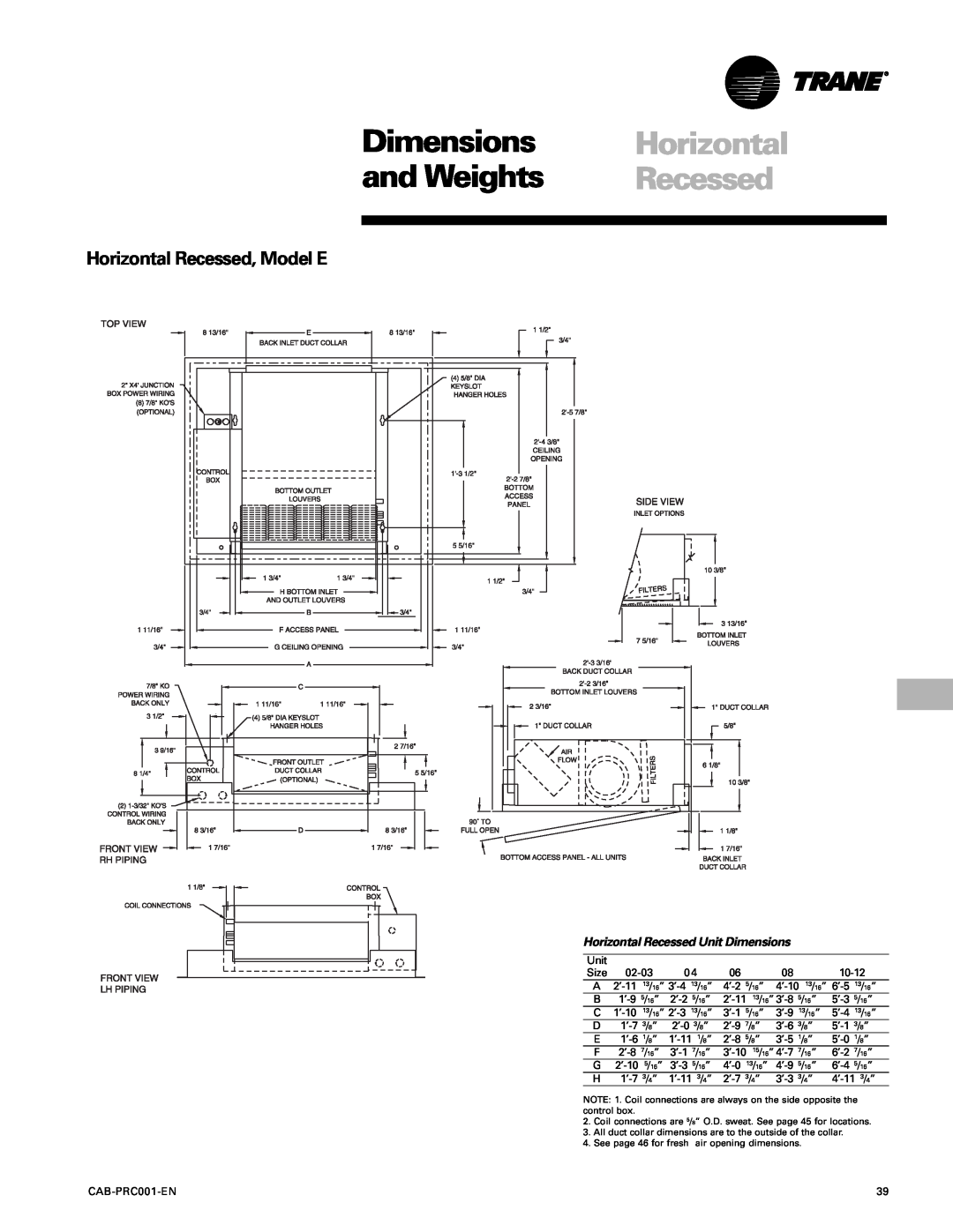Trane CAB-PRC001-EN manual Dimensions, and Weights, Horizontal Recessed, Model E 