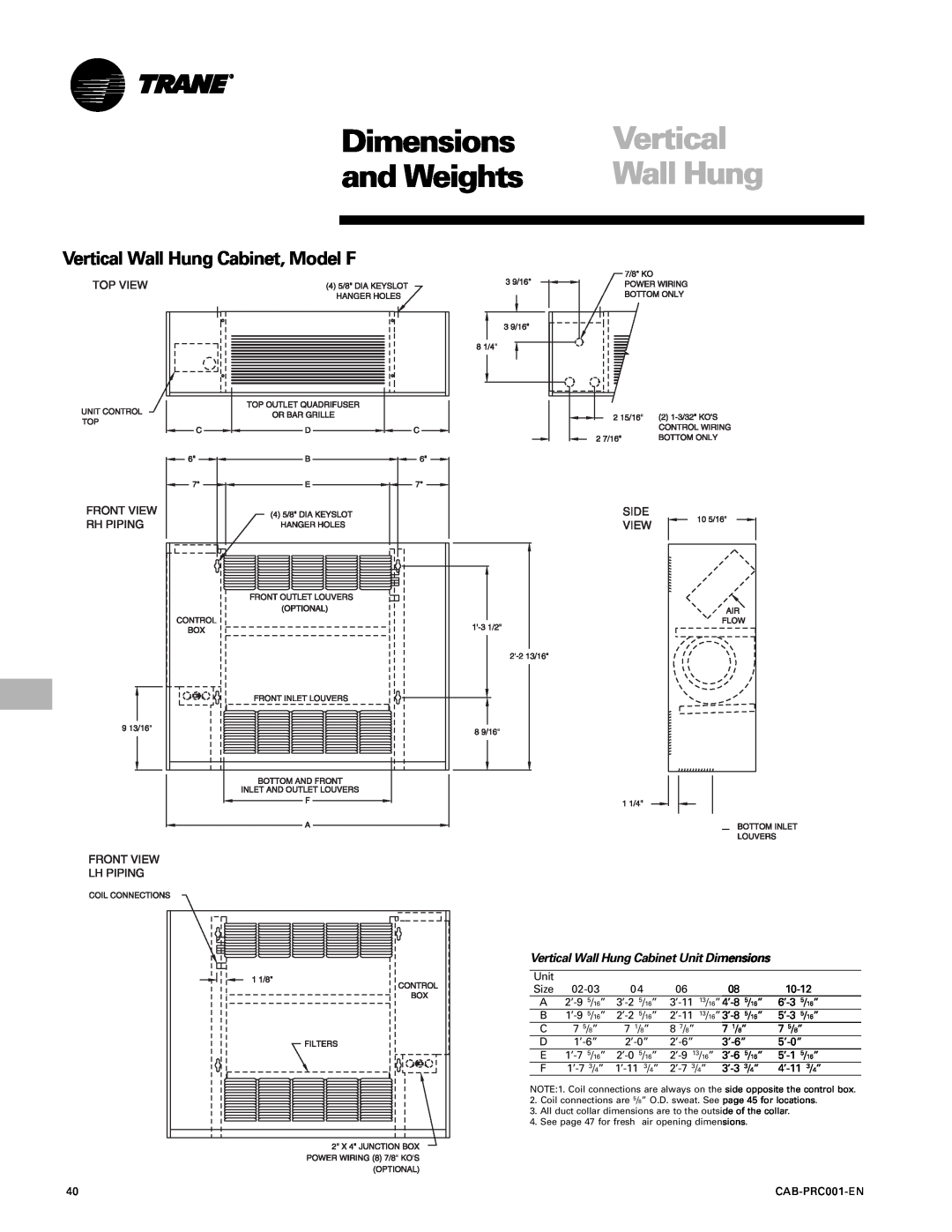 Trane CAB-PRC001-EN manual Dimensions, and Weights, Vertical Wall Hung Cabinet, Model F 