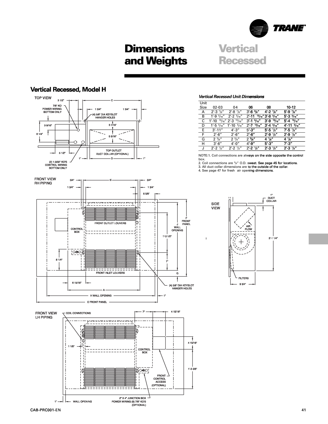 Trane CAB-PRC001-EN manual Dimensions, and Weights, Vertical Recessed, Model H 