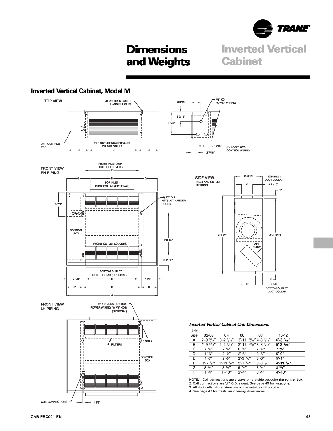 Trane CAB-PRC001-EN manual Dimensions, and Weights, Inverted Vertical Cabinet, Model M 