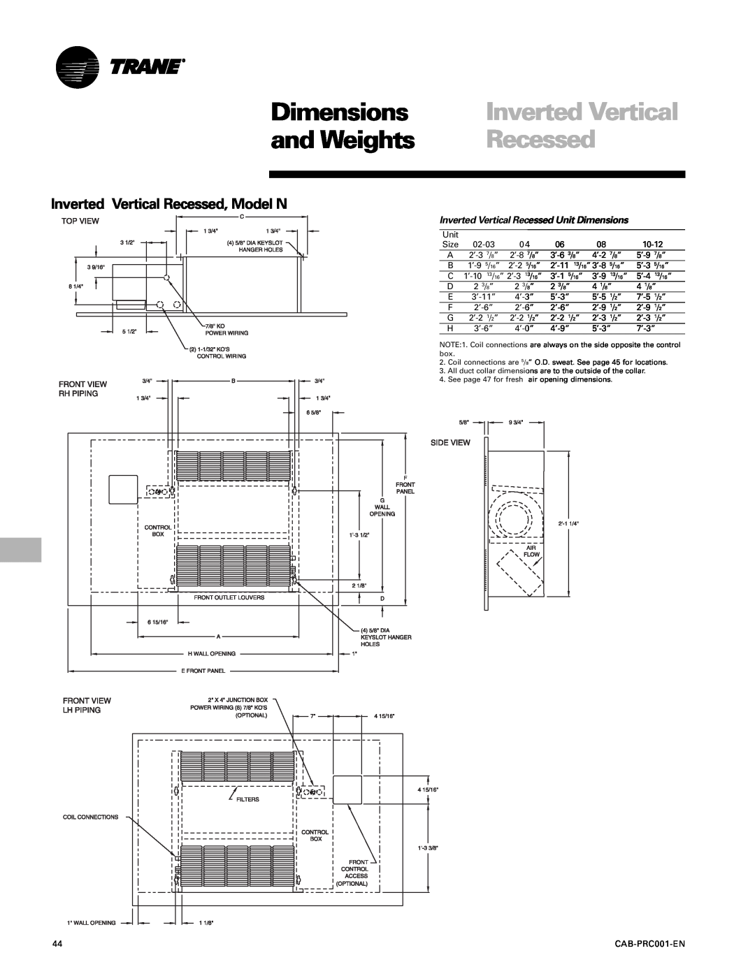 Trane CAB-PRC001-EN manual Dimensions, and Weights, Inverted Vertical Recessed, Model N 