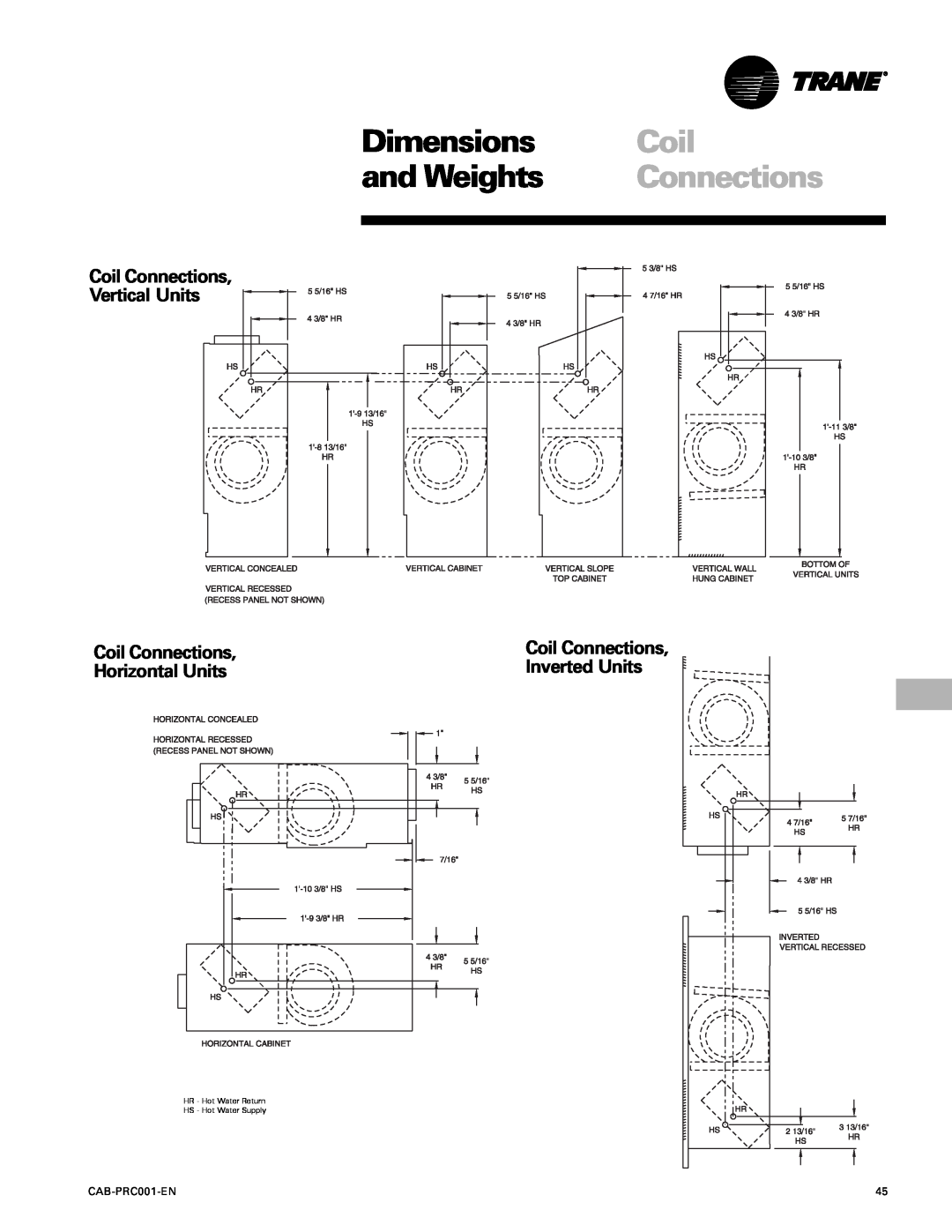 Trane CAB-PRC001-EN Dimensions, and Weights, Coil Connections Vertical Units, Horizontal Units, Inverted Units 