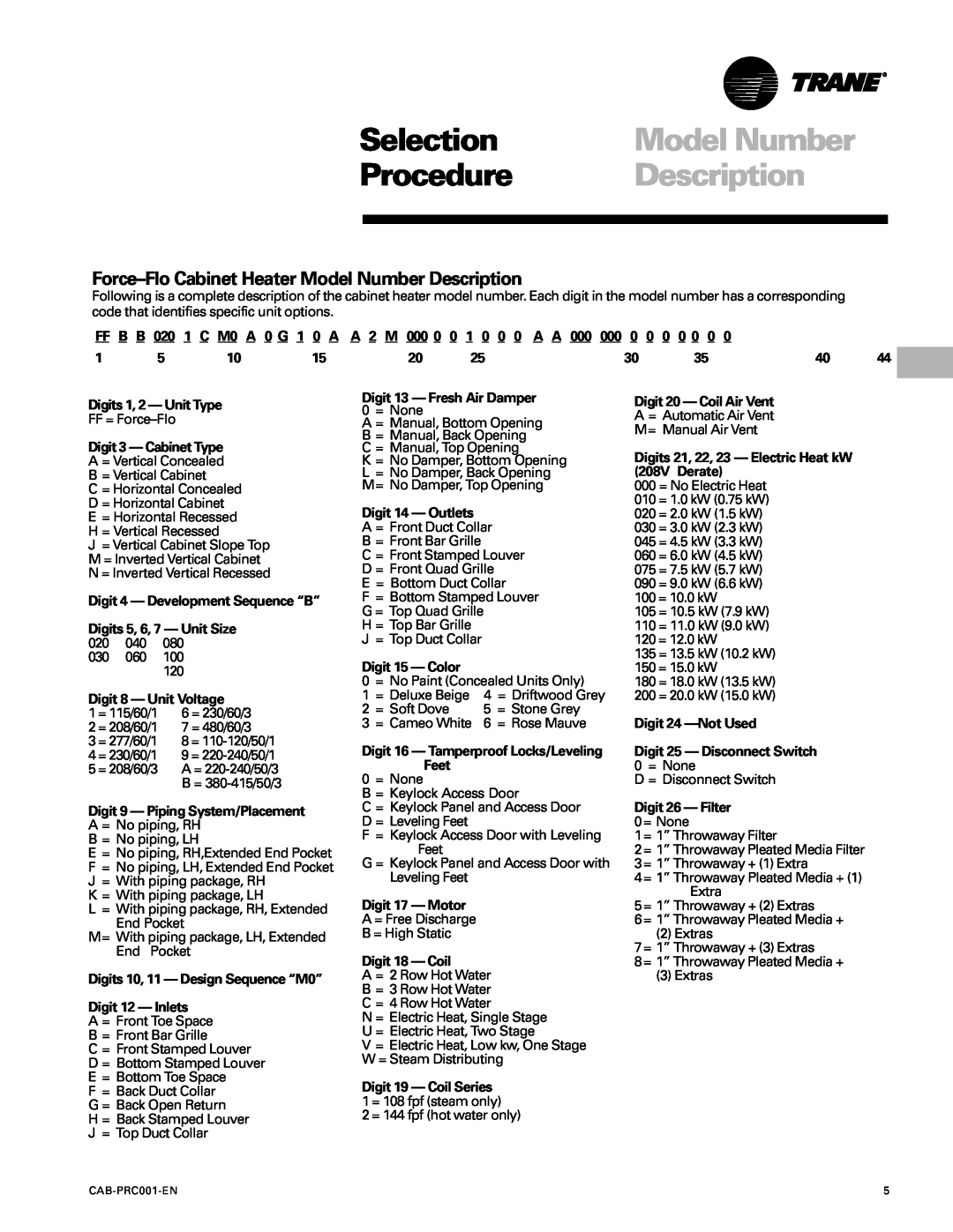 Trane CAB-PRC001-EN manual Selection, Procedure, Force-FloCabinet Heater Model Number Description 
