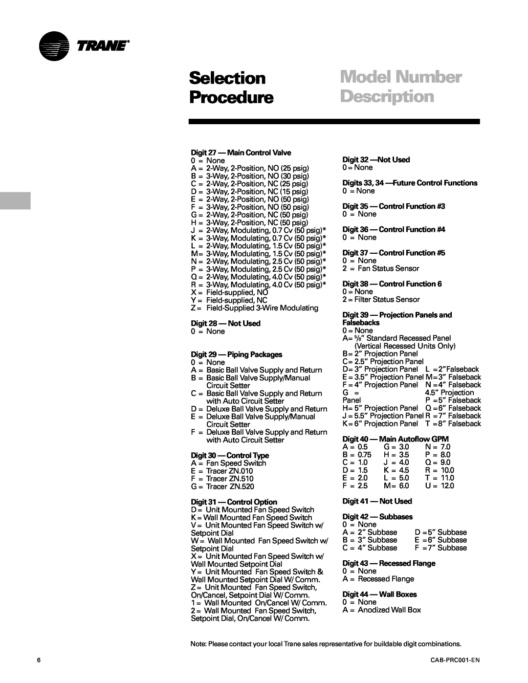 Trane CAB-PRC001-EN manual Selection, Model Number, Procedure, Description, Digit 27 - Main Control Valve 