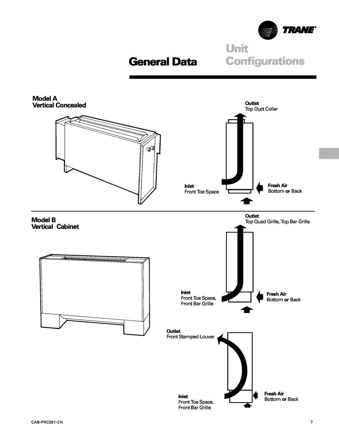 Trane CAB-PRC001-EN manual Unit, General Data, Configurations, Model A Vertical Concealed, Model B Vertical Cabinet 