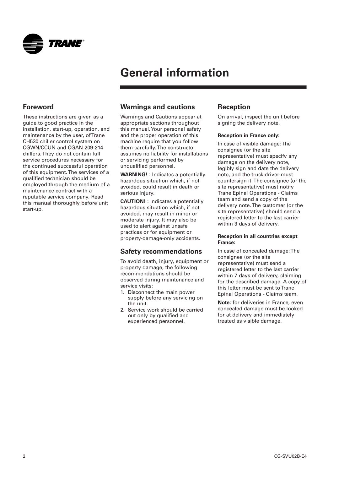 Trane CH530, CCUN 205-211, CGAN 209-214, CGWN 205-211 manual General information, Foreword, Safety recommendations, Reception 