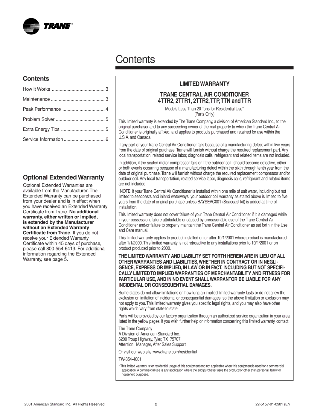 Trane Central Air Conditioning manual Contents 