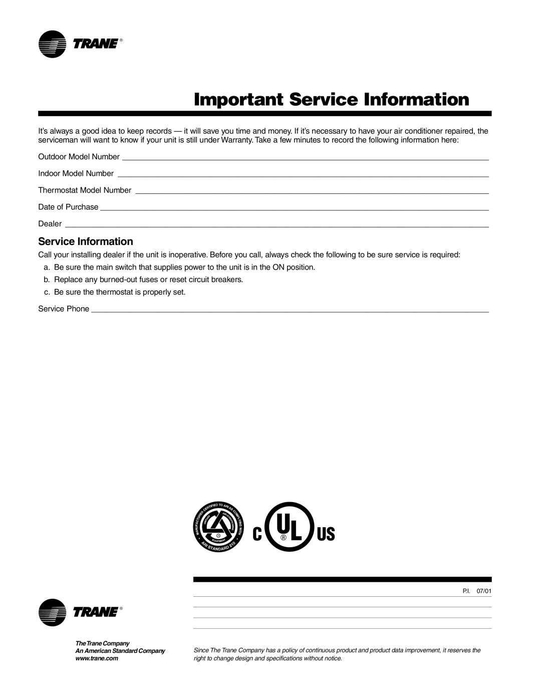 Trane Central Air Conditioning manual Important Service Information 
