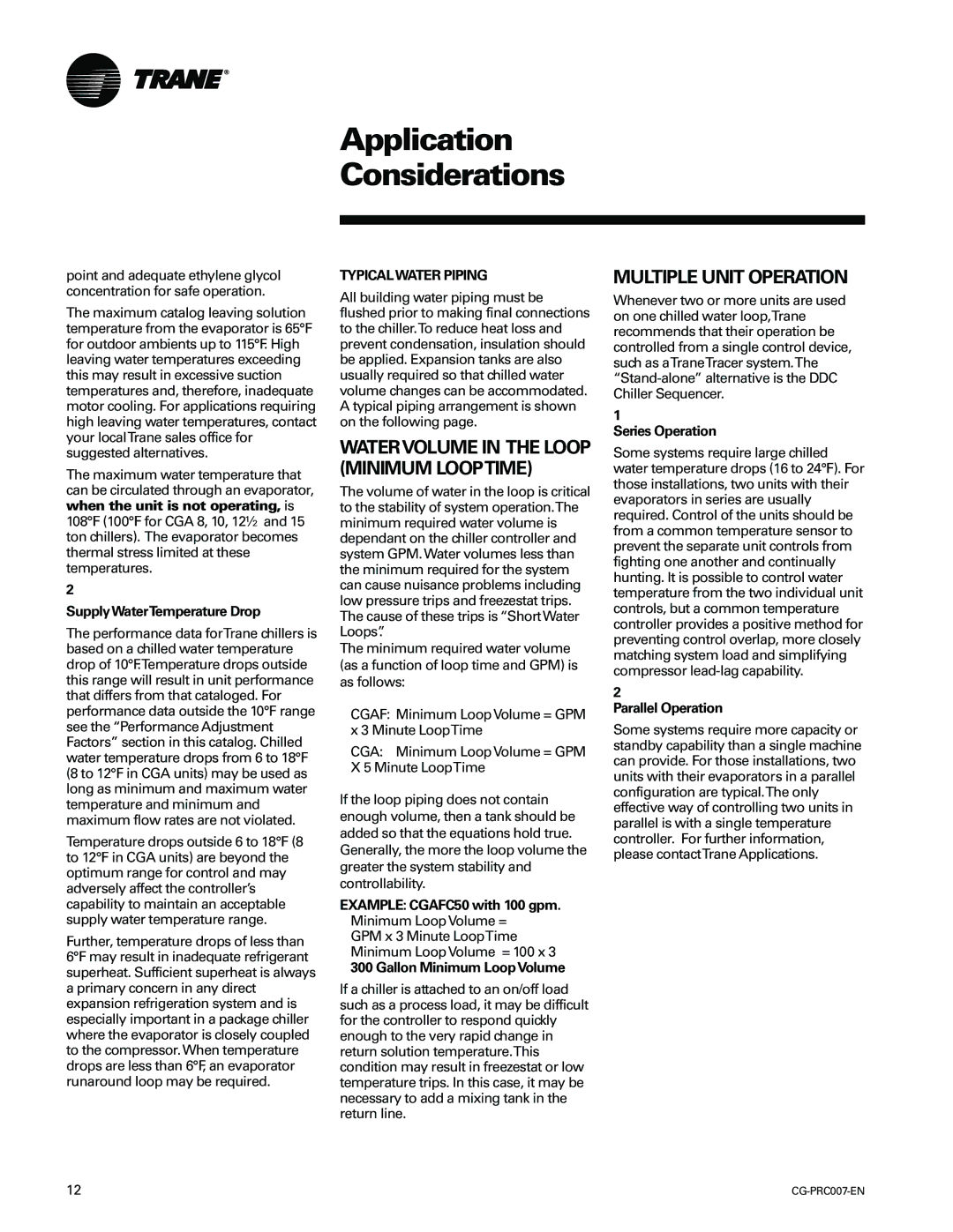 Trane CG-PRC007-EN manual SupplyWaterTemperature Drop, Example CGAFC50 with 100 gpm. Minimum LoopVolume =, Series Operation 