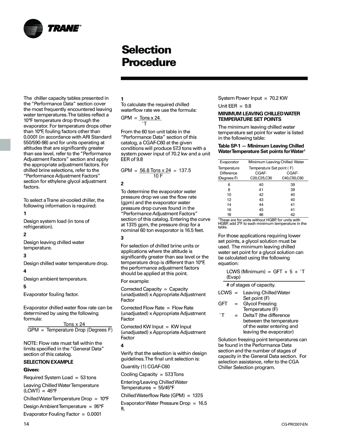 Trane CG-PRC007-EN manual Selection Procedure, Given 