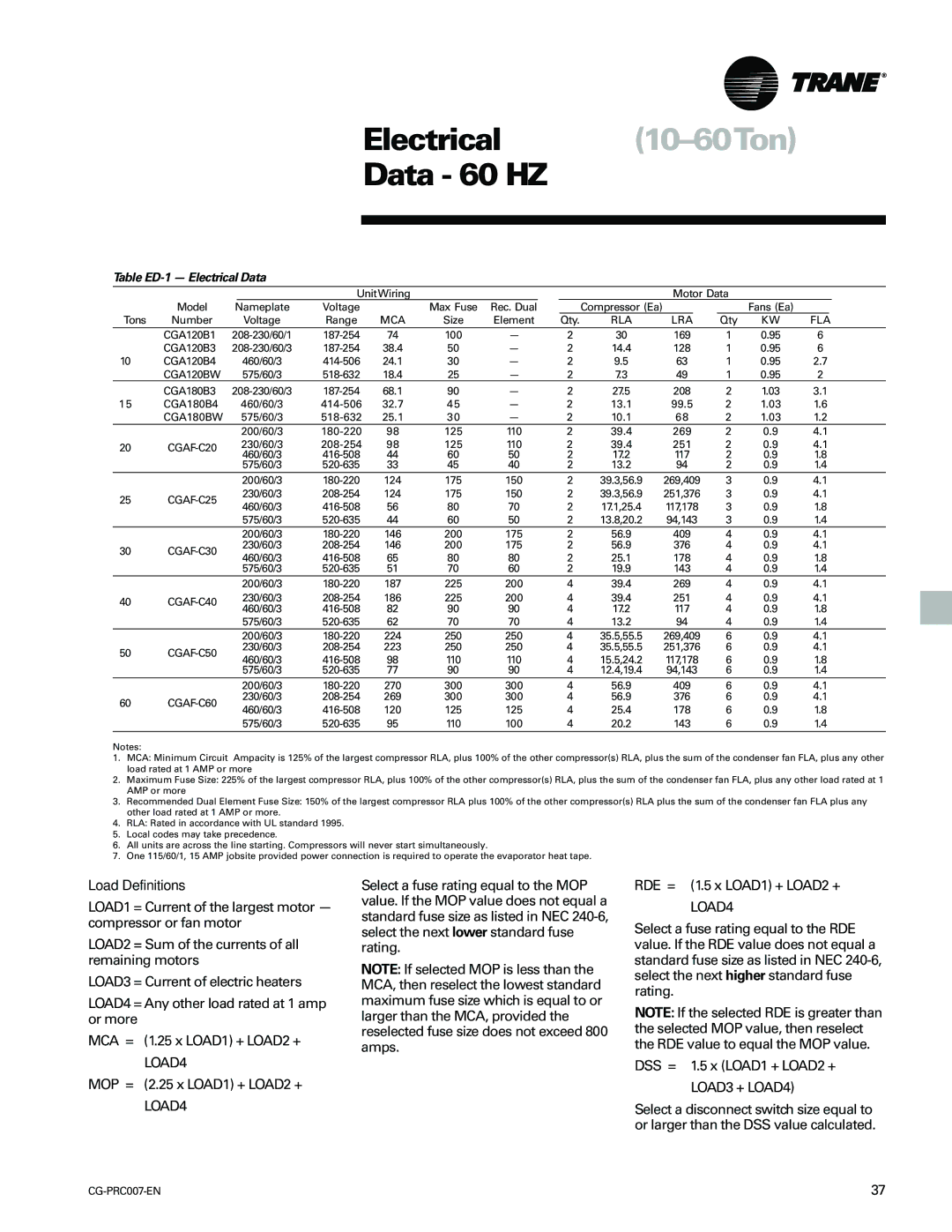 Trane CG-PRC007-EN manual Electrical 10-60Ton Data 60 HZ, Load Definitions, Table ED-1 Electrical Data 