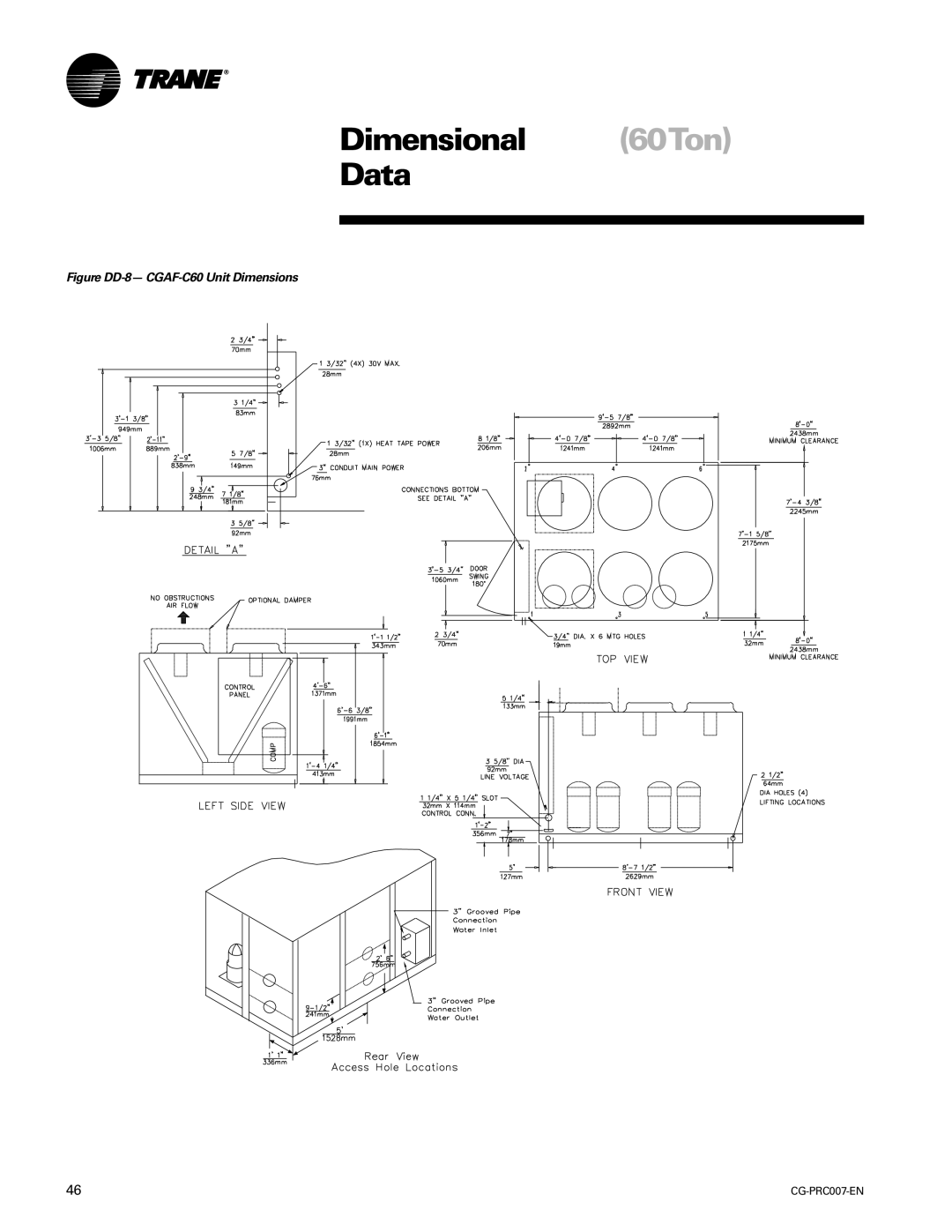 Trane CG-PRC007-EN manual Dimensional 60Ton Data, Figure DD-8- CGAF-C60 Unit Dimensions 