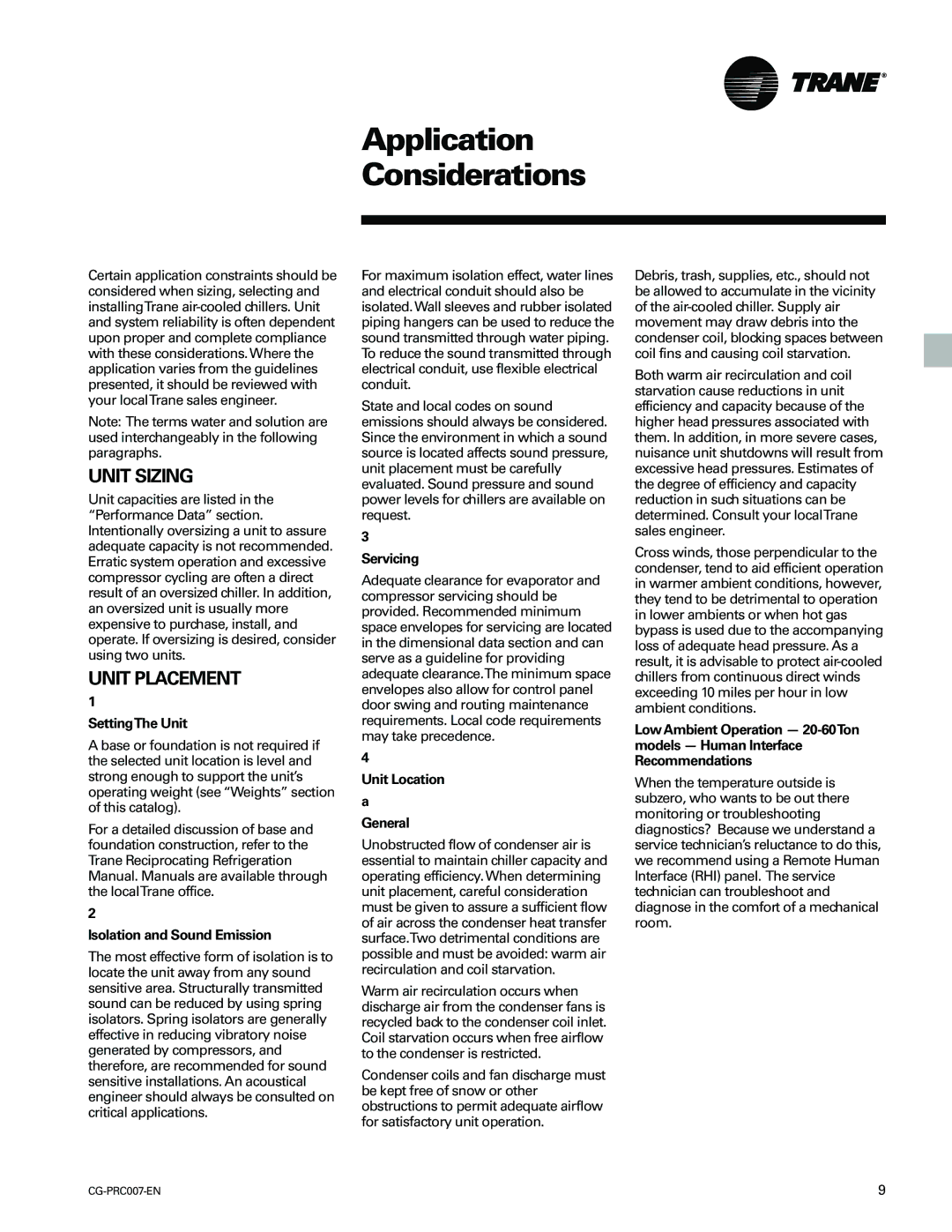 Trane CG-PRC007-EN manual SettingThe Unit, Isolation and Sound Emission, Servicing, Unit Location General 