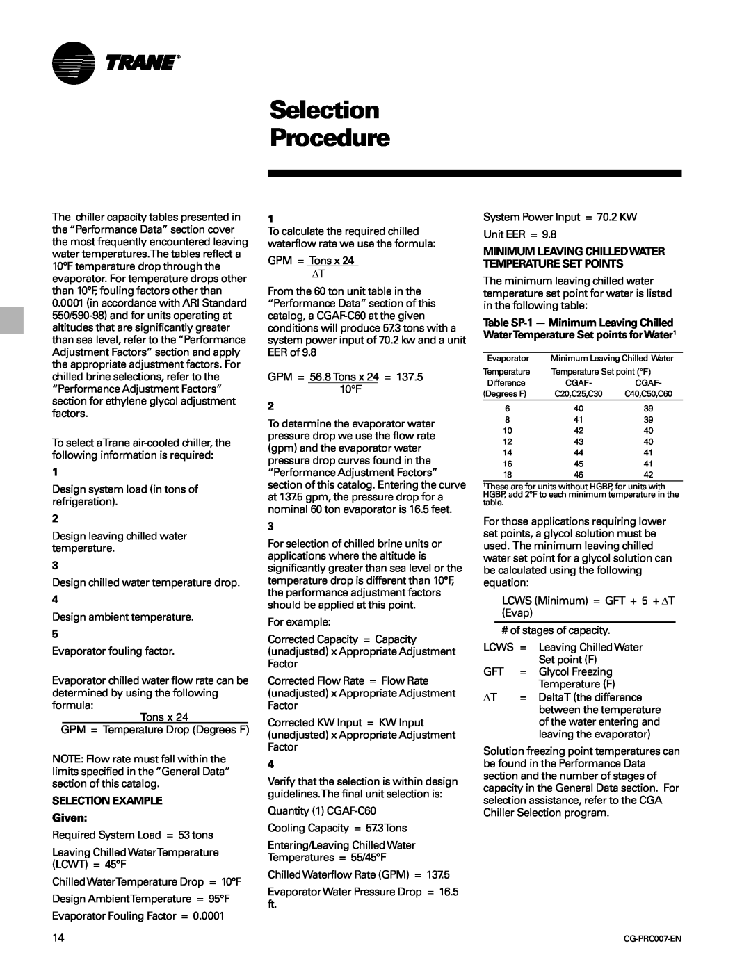 Trane CG-PRC007-EN manual Selection Procedure, SELECTION EXAMPLE Given 
