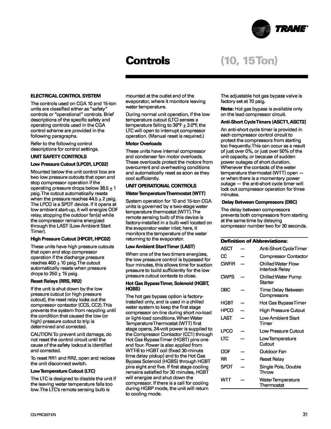 Trane CG-PRC007-EN manual 10, 15Ton, Electrical Control System, Unit Safety Controls, Low Pressure Cutout LPC01, LPC02 