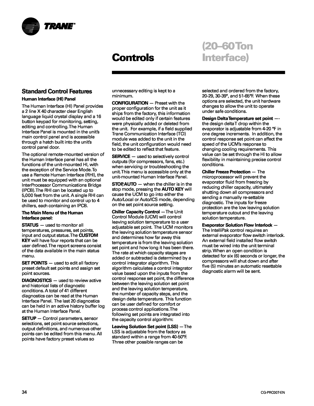 Trane CG-PRC007-EN manual 20-60Ton Controls Interface, Standard Control Features, Human Interface HI Panel 