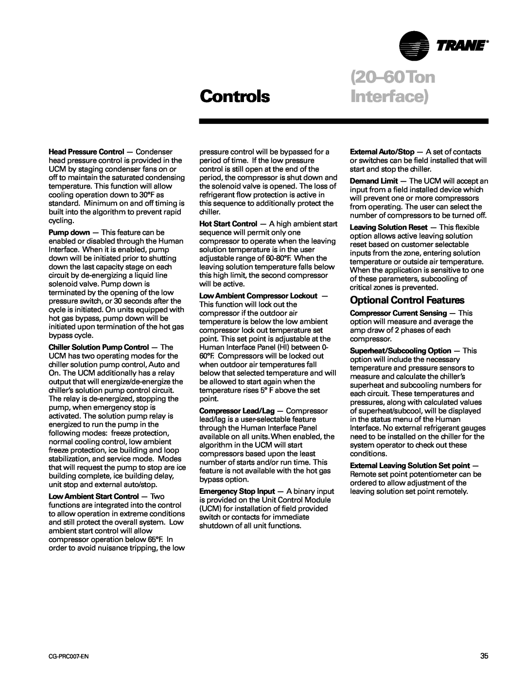 Trane CG-PRC007-EN manual 20-60Ton Controls Interface, Optional Control Features 