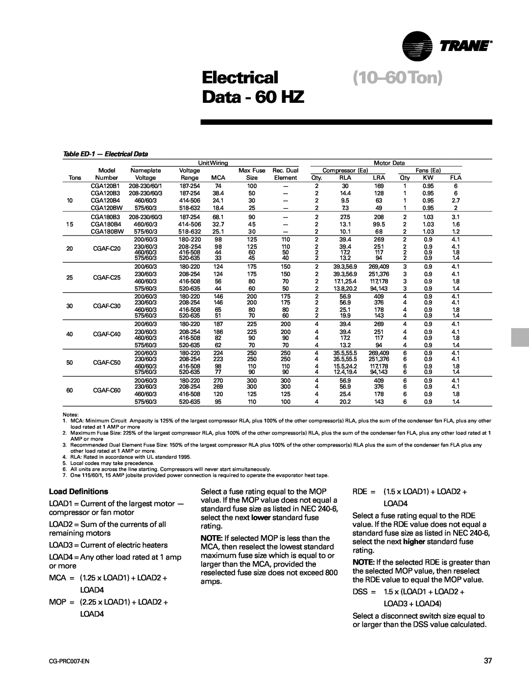 Trane CG-PRC007-EN manual Electrical 10-60Ton Data - 60 HZ, Load Definitions 