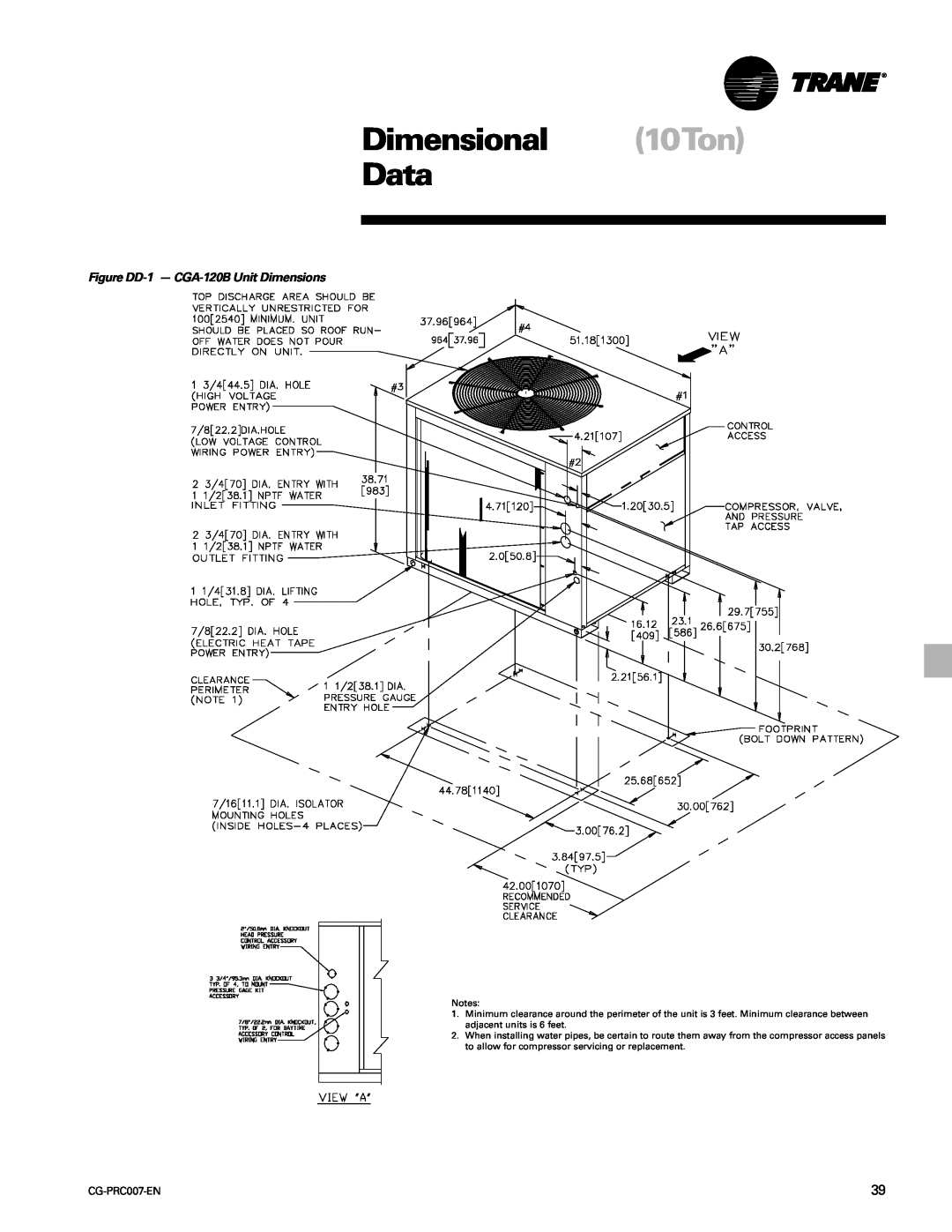 Trane CG-PRC007-EN manual Dimensional 10Ton Data, Figure DD-1- CGA-120BUnit Dimensions 