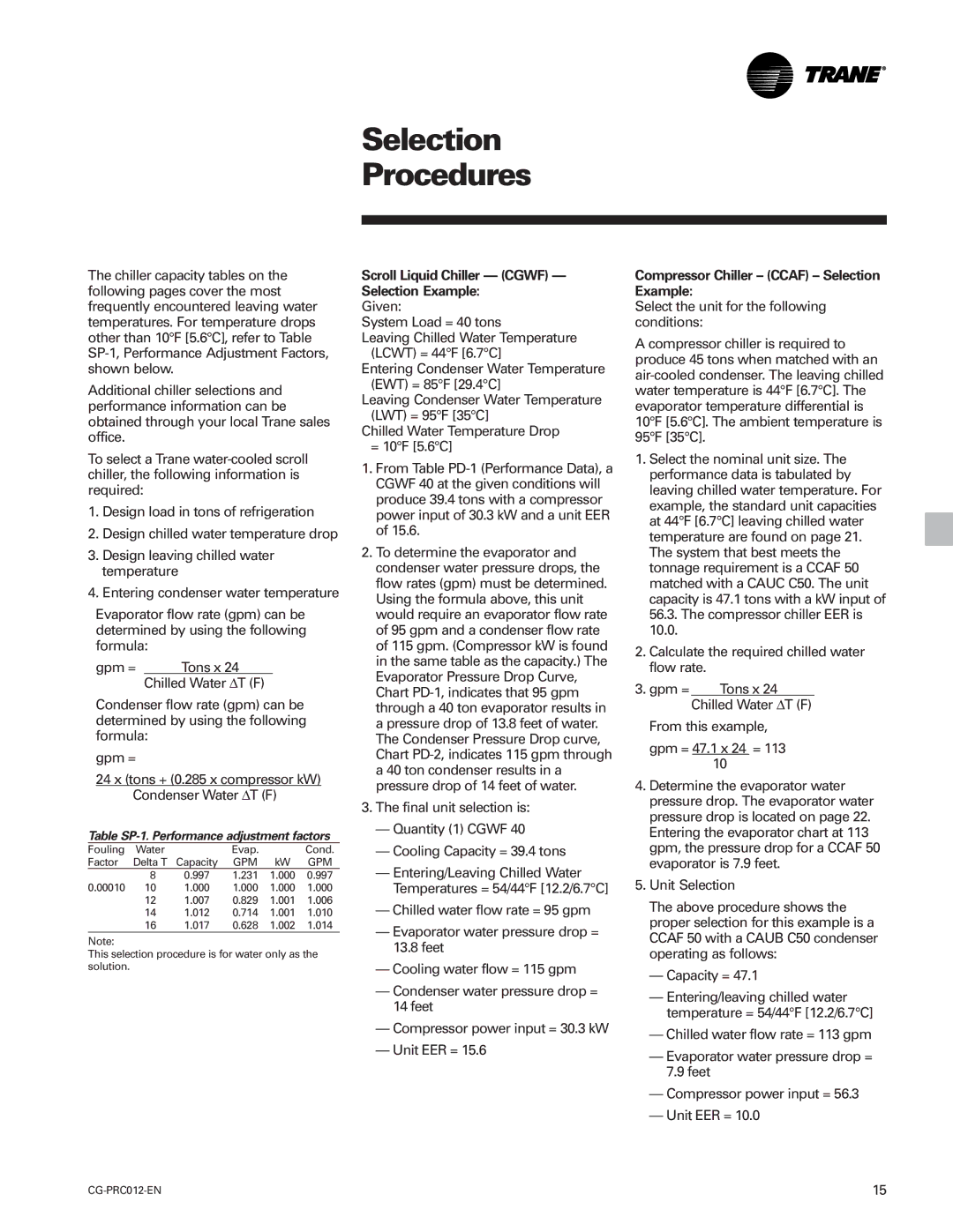 Trane CCAF, CGWF manual Scroll Liquid Chiller Cgwf Selection Example, Compressor Chiller Ccaf Selection Example 