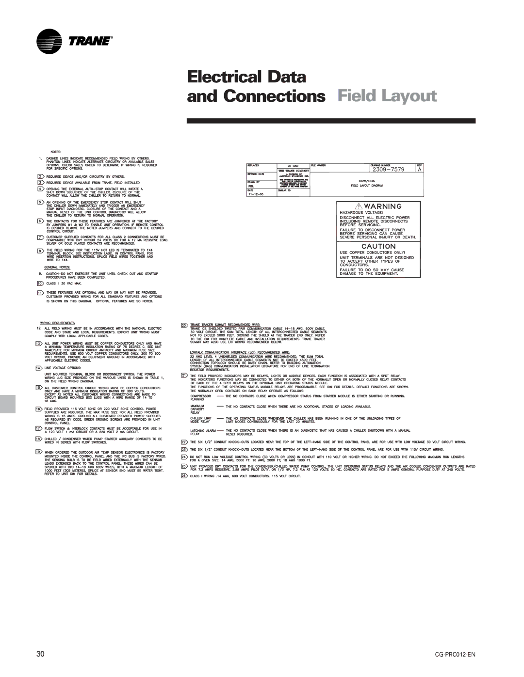 Trane CGWF, CCAF manual Electrical Data Connections Field Layout 