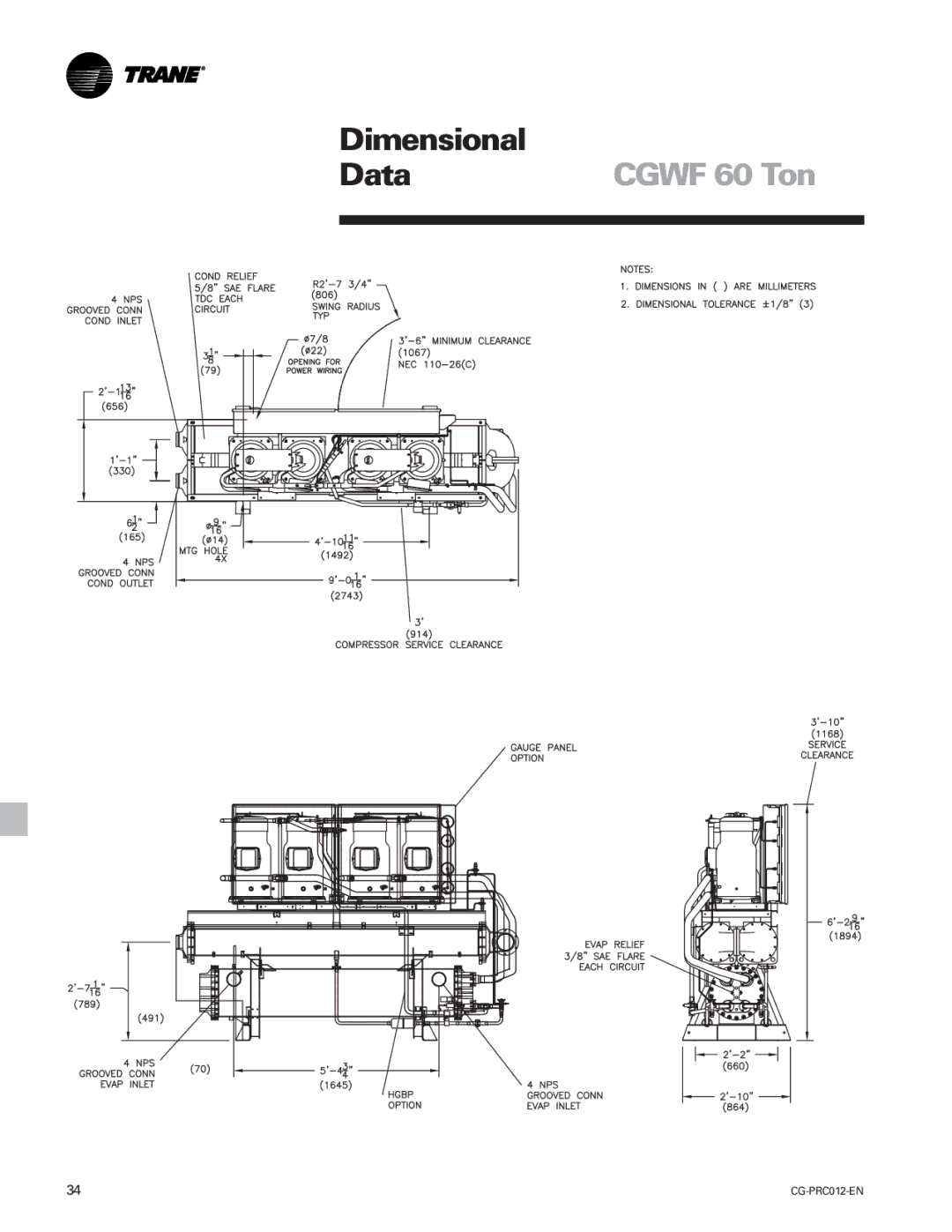 Trane CGWF, CCAF manual Dimensional Data 