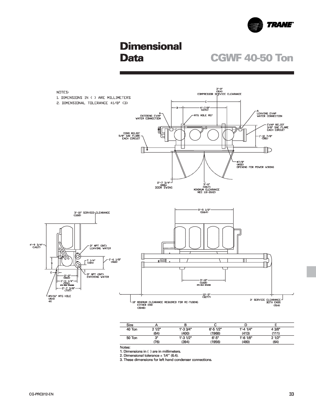 Trane CCAF manual CGWF 40-50 Ton, Dimensional, Data 