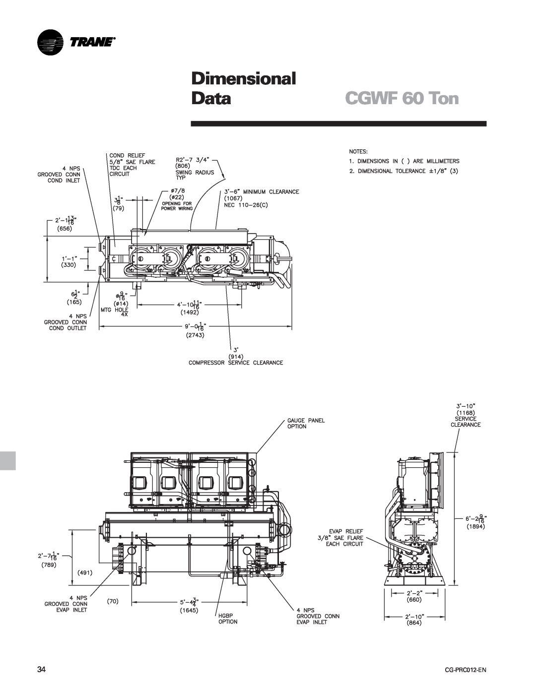 Trane CCAF manual CGWF 60 Ton, Dimensional, Data 