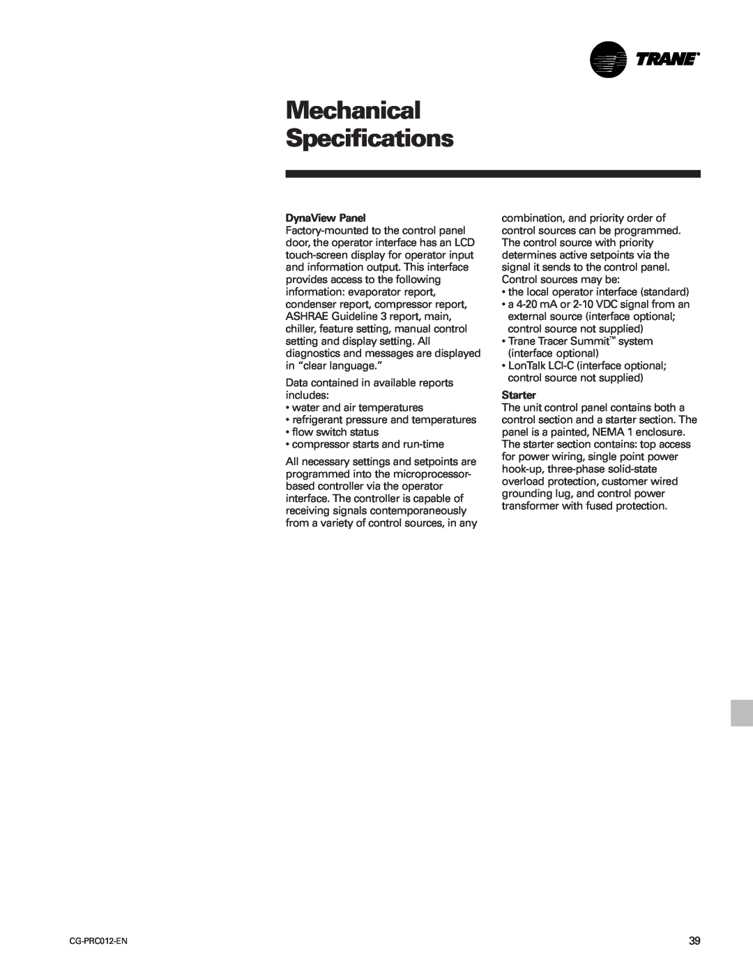 Trane CCAF, CGWF manual Mechanical Specifications, Starter 