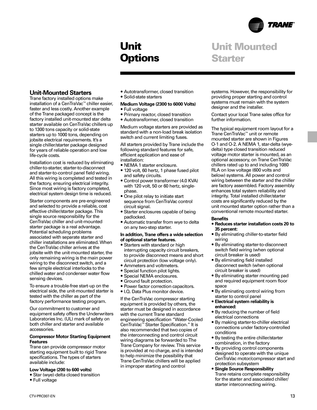 Trane ctv-prc007-en manual Options, Unit Mounted, Unit-Mounted Starters 
