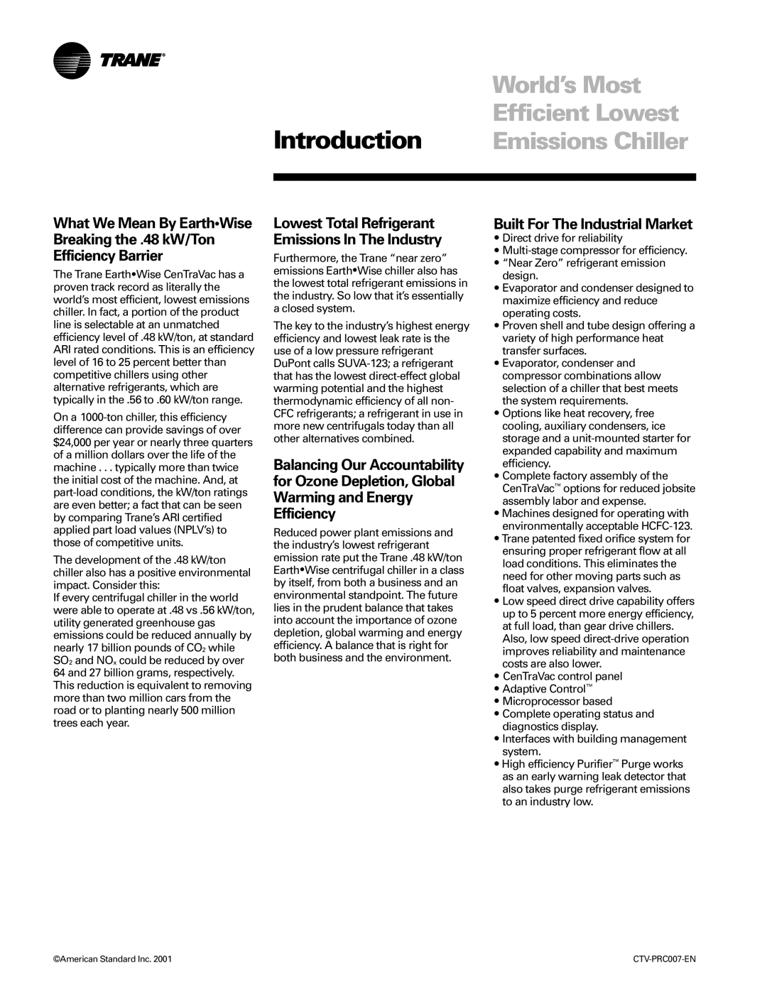 Trane ctv-prc007-en manual Introduction, World’s Most, Efficient Lowest, Emissions Chiller, Built For The Industrial Market 