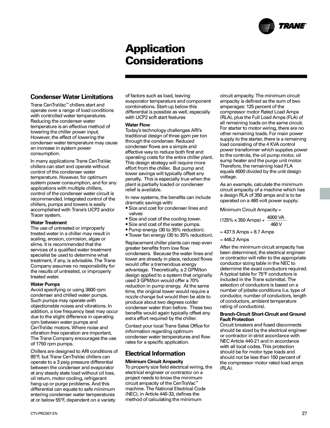 Trane ctv-prc007-en manual Condenser Water Limitations, Electrical Information 